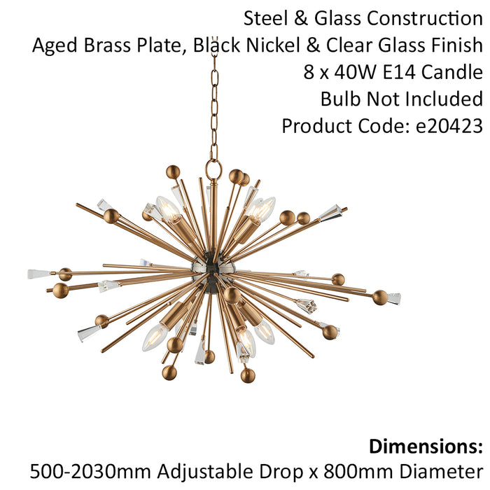 Large Multi Arm Ceiling Pendant Light - Antique Brass Rods - 8 Bulb Fitting