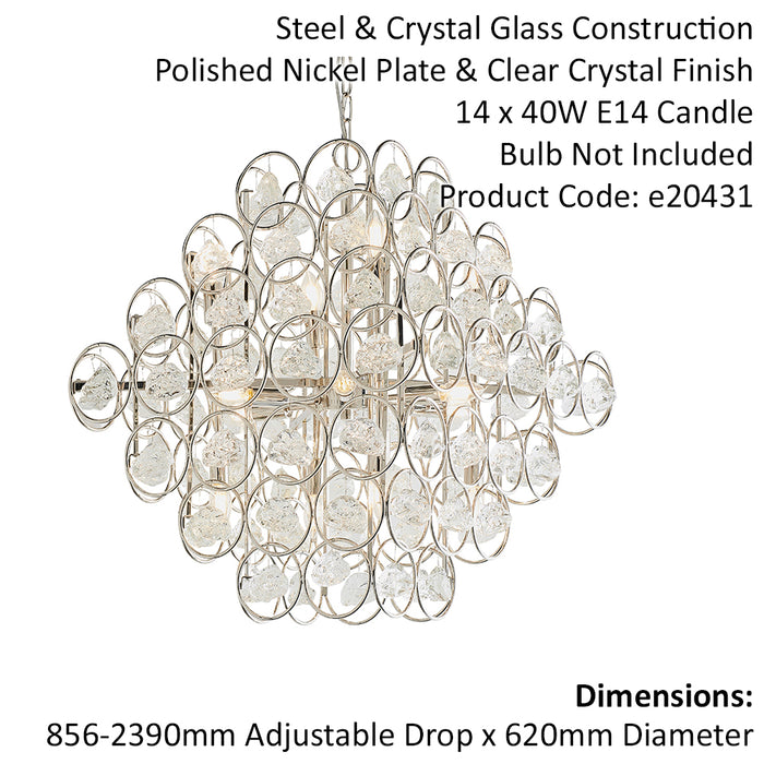 Polished Nickel Tiered Ceiling Pendant Light - Ornate Crystal Details - 14 Bulb