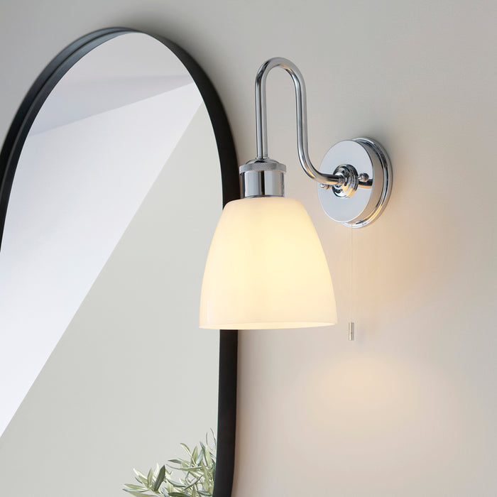 Chrome Plated Bathroom Wall Light & Opal Glass Shade IP44 Rated Knurled Detail