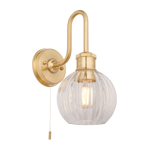 Satin Brass Bathroom Wall Light & Ribbed Glass Shade IP44 Rated Knurled Detail