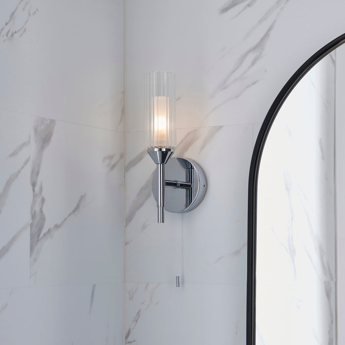 Chrome Plated Bathroom Wall Light - Ribbed Glass Shade & Frosted Diffuser