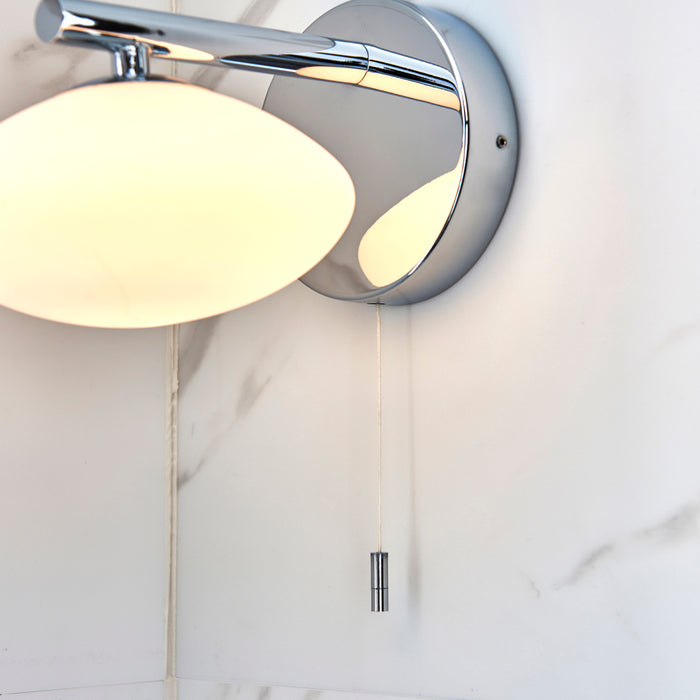 Chrome Plated Bathroom Wall Light & Opal Glass Shade - IP44 Rated Modern Sconce