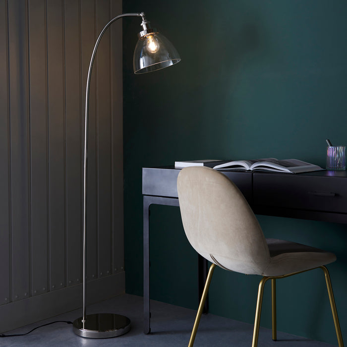 Bright Nickel Standing Floor Lamp Light & Clear Glass Shade - Knurled Detailing