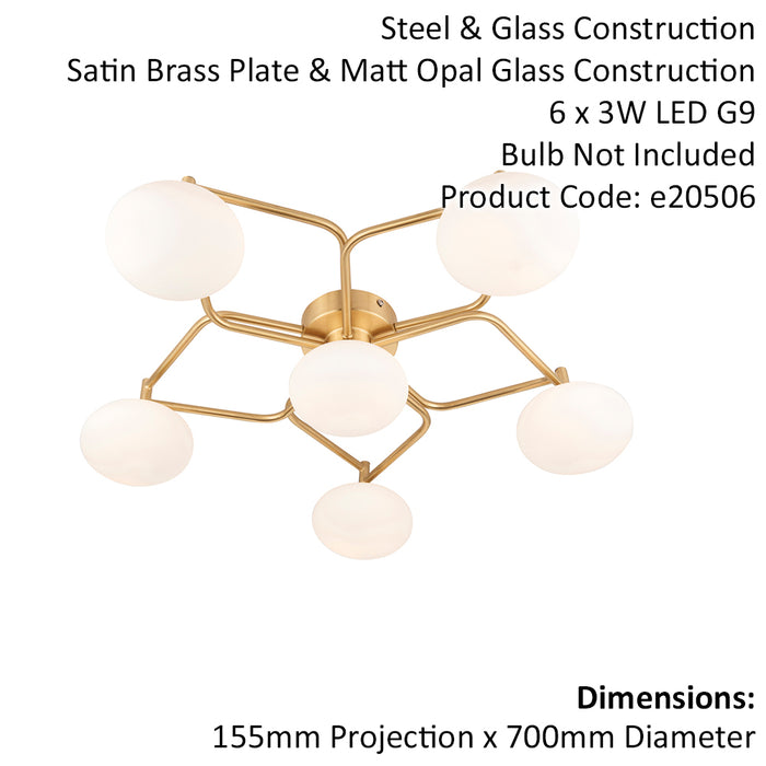 Satin Brass Geometric Flush Ceiling Light - Opal Glass Shades - 6 Bulb Fitting