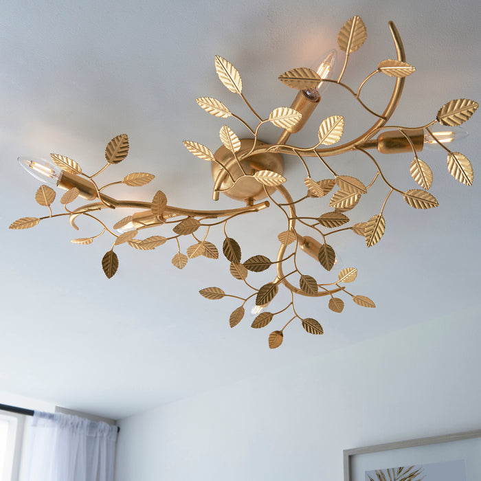 Gold Leaf Flush Ceiling Light - 6 Bulb Decorative Fitting - Low Profile Lighting