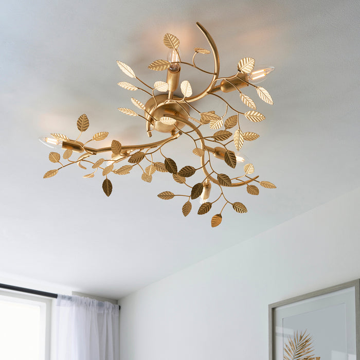 Gold Leaf Flush Ceiling Light - 6 Bulb Decorative Fitting - Low Profile Lighting