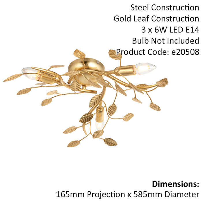 Gold Leaf Flush Ceiling Light - 3 Bulb Decorative Fitting - Low Profile Lighting