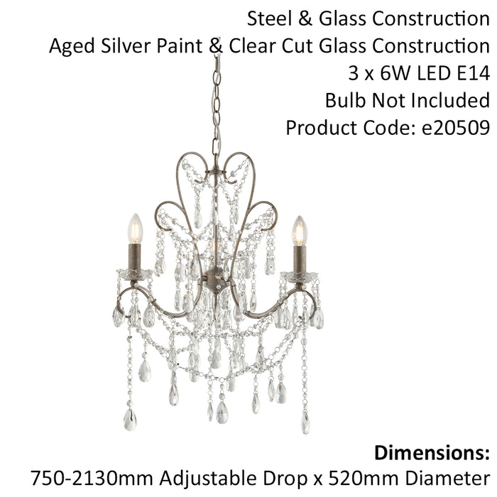 Aged Silver Ceiling Chandelier - 3 Bulb Light Decorative Ceiling Pendant Fitting