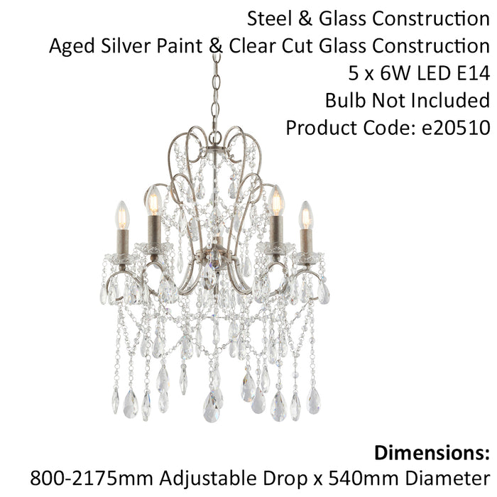 Aged Silver Ceiling Chandelier - 5 Bulb Light Decorative Ceiling Pendant Fitting