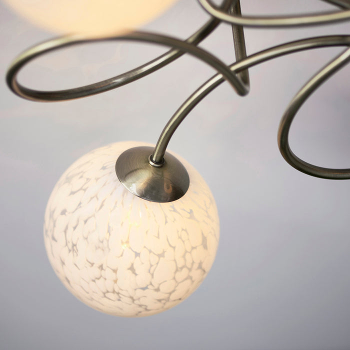 Antique Brass Semi Flush Ceiling Light & Confetti Glass Shades - Multi Arm Lamp