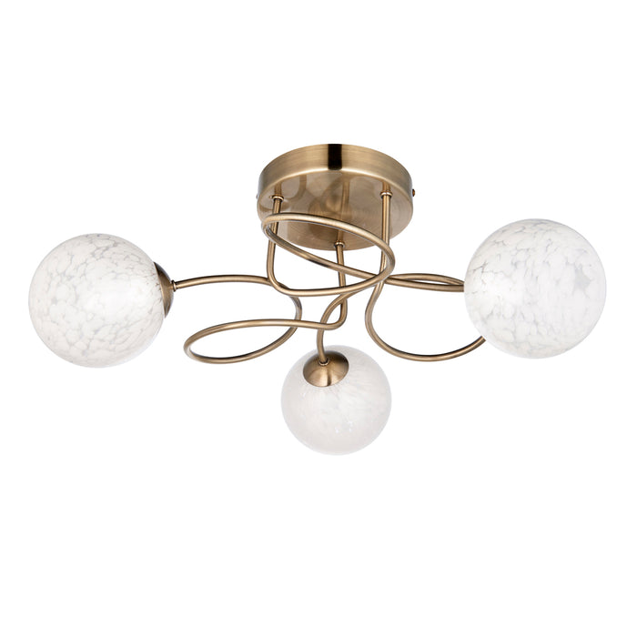 Antique Brass Semi Flush Ceiling Light & Confetti Glass Shades - Multi Arm Lamp