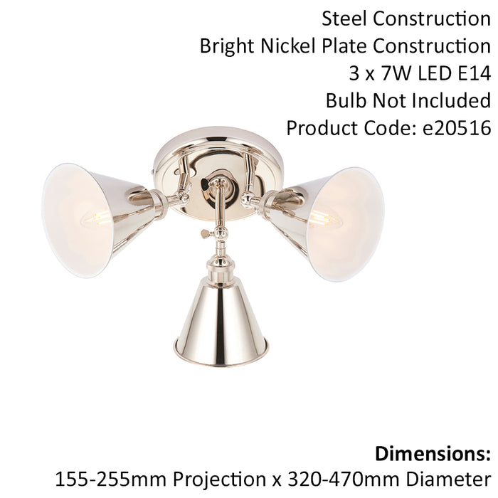 Bright Nickel 3 Light Ceiling Spotlight - White Inner Shade - Knurled Detailing