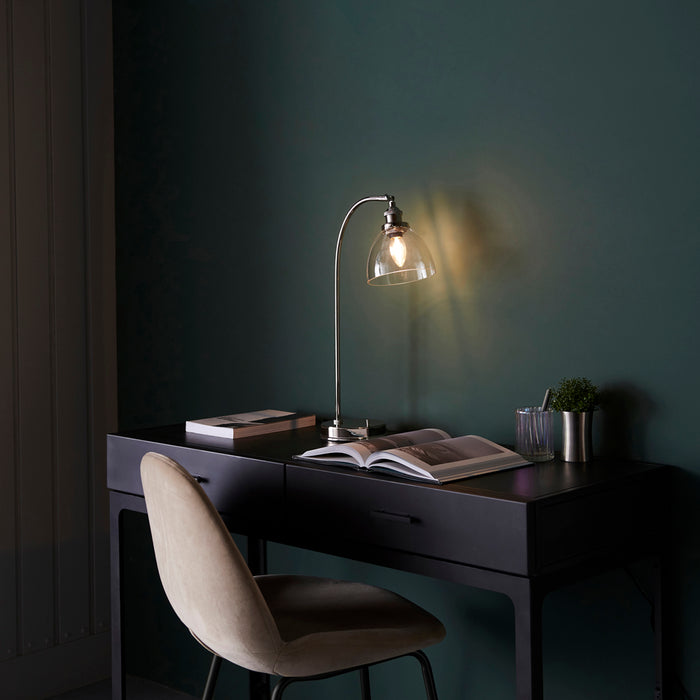 Bright Nickel Table Lamp Task Light - Clear Glass Shade - Knurled Detailing