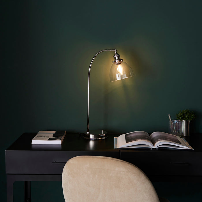 Bright Nickel Table Lamp Task Light - Clear Glass Shade - Knurled Detailing