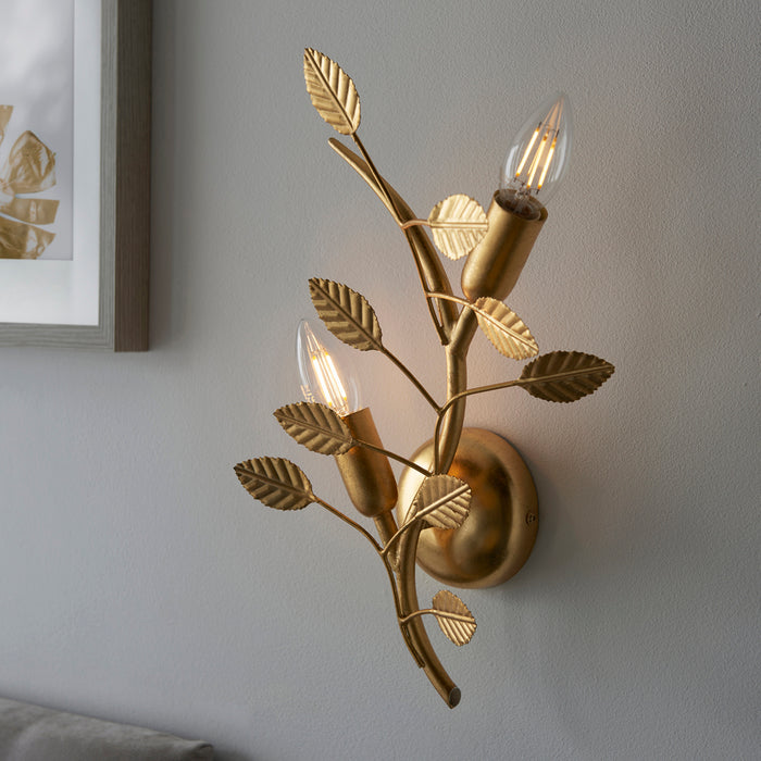 Gold Leaf Twin Wall Light  - 2 Bulb Decorative Sonce Fitting - Leaves Design
