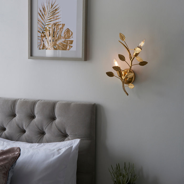 Gold Leaf Twin Wall Light  - 2 Bulb Decorative Sonce Fitting - Leaves Design