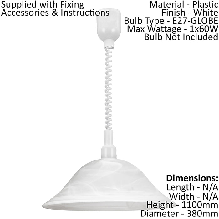 Pendant Light Height Adjust Colour White Shade Glass Alabaster Bulb E27 1x60W Loops