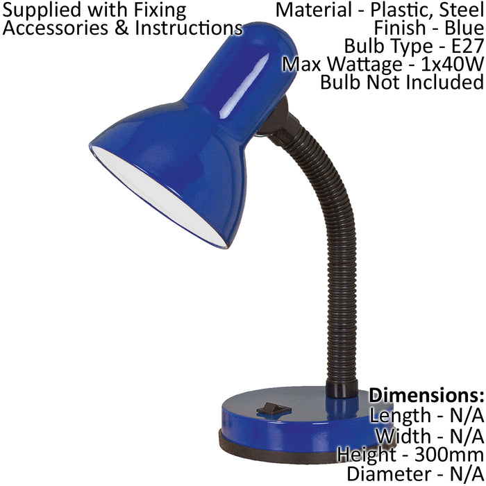2 PACK Table Desk Lamp Flexible Moveable Colour Blue Steel Rocker Switch E27 40W Loops