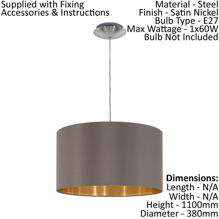 Pendant Light Colour Satin Nickel Shade Cappuccino Gold Fabric Bulb E27 1x60W Loops