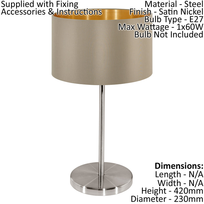 2 PACK Table Lamp Colour Satin Nickel Steel Shade Taupe Gold Fabric E27 1x60W Loops