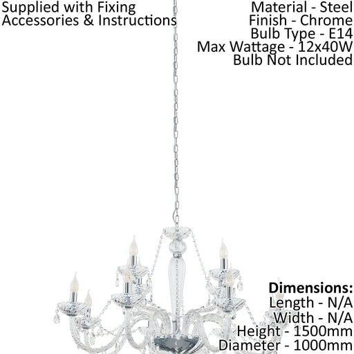 Chandelier Light Chrome Plated Steel & Clear Glass Droplets Bulb E14 12x40W Loops