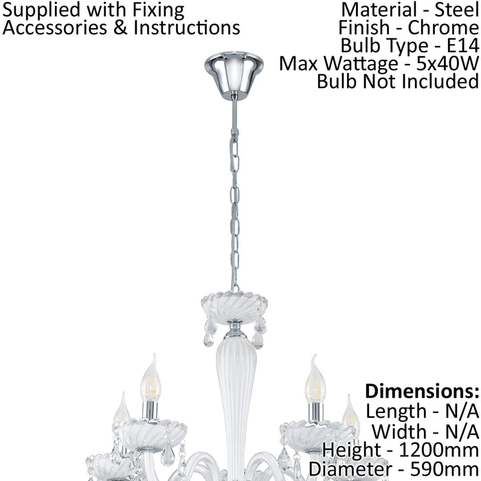 Chandelier Pendant Light Colour Chrome Shade White Glass Droplets Bulb E14 5x40W Loops