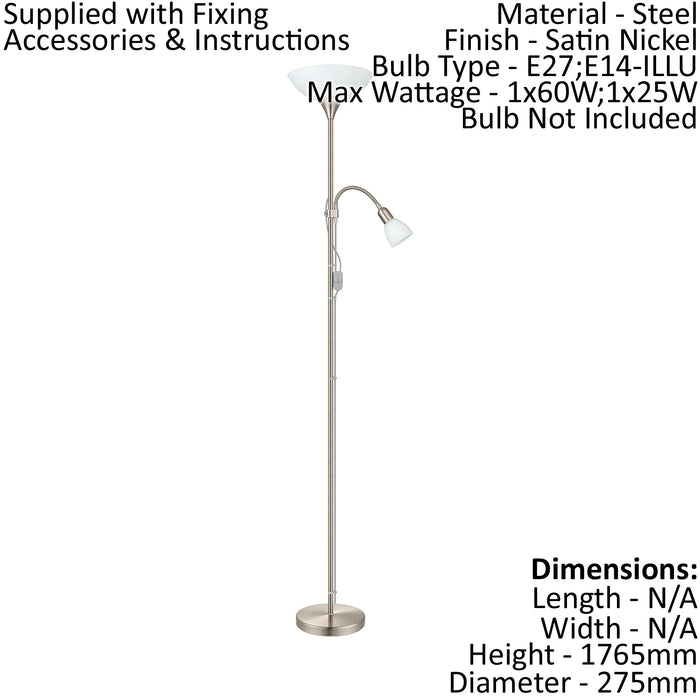 Floor Lamp Light Satin Nickel Shade White Plastic Glass Bulb E27 E14 1x60W 1x25W Loops