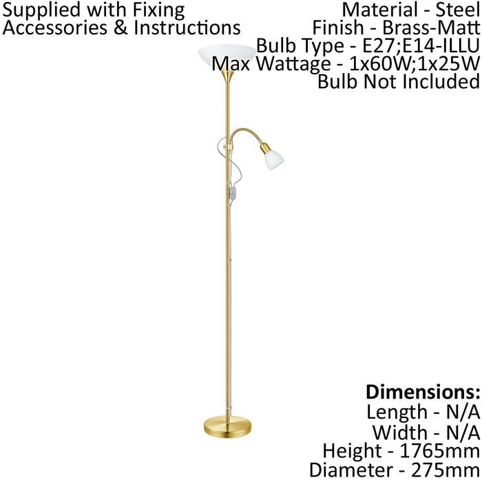 Floor Lamp Light Brass Matt Shade White Plastic Glass Bulb E27 E14 1x60W 1x25W Loops