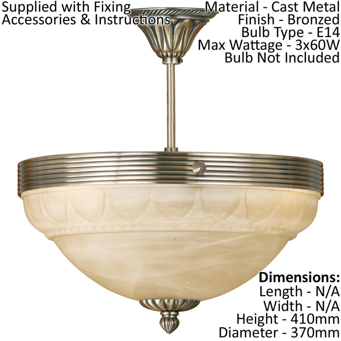 Flush Ceiling Light Colour Bronze Shade Champagne Glass Alabaster Bulb E14 3x60W Loops