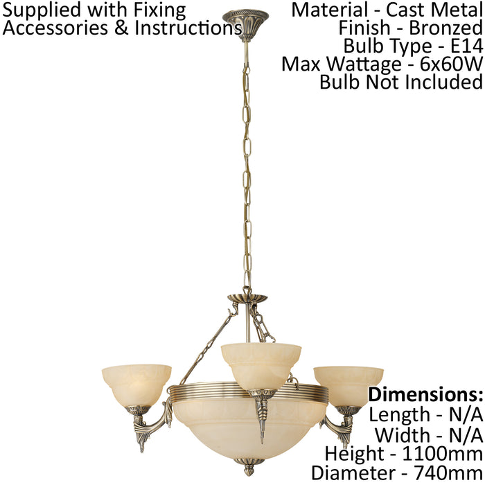 Pendant Light Colour Bronzed Shade Champagne Glass Alabaster Bulb E14 6x60W Loops