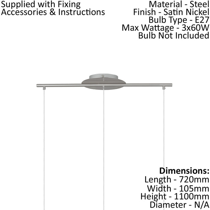 Ceiling Pendant Light & 2x Matching Wall Lights Satin Nickel & Glass Triple Lamp Loops