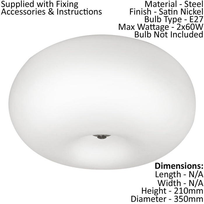 Wall Flush Ceiling Light Satin Nickel Shade White Glass Opal Matt Bulb E27 2x60W Loops