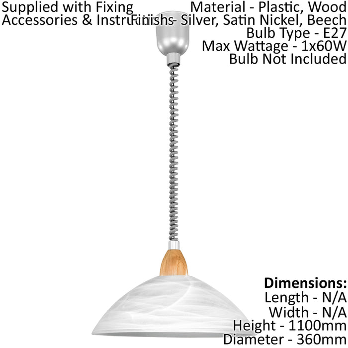 Pendant Light Silver Satin Nickel Beech Shade White Glass Alabaster E27 1x60W Loops