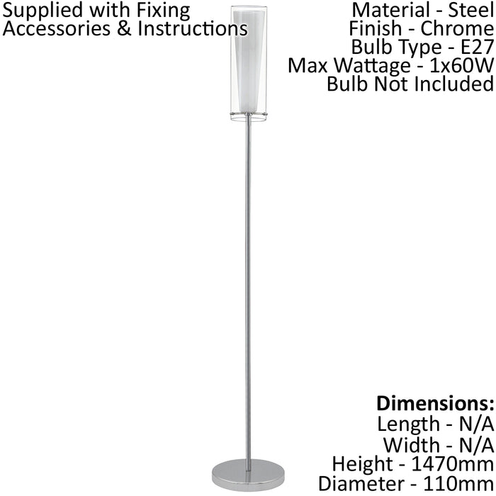 Floor Lamp Light Chrome Shade Clear White Glass Glass Opal Matt Bulb E27 1x60W Loops