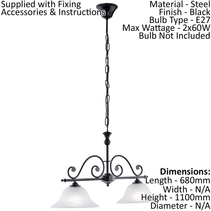 Twin Ceiling Pendant Light & 2x Matching Wall Lights Black & Alabaster Glass Loops