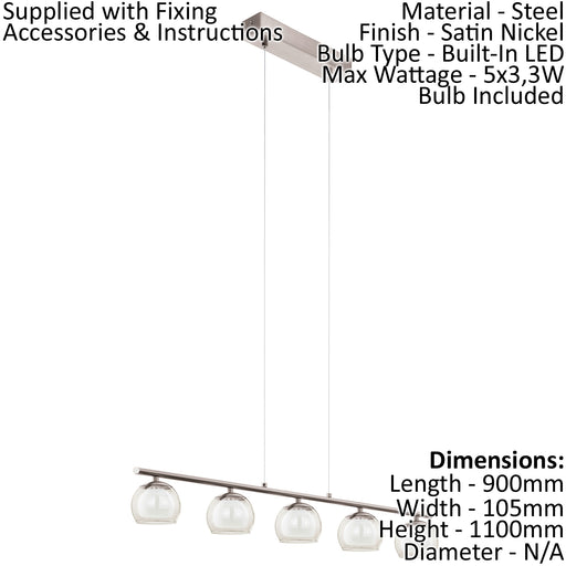 Pendant Light Satin Nickel Amber White Glass Satin Glass Shade Bulb LED 5x3.3W Loops