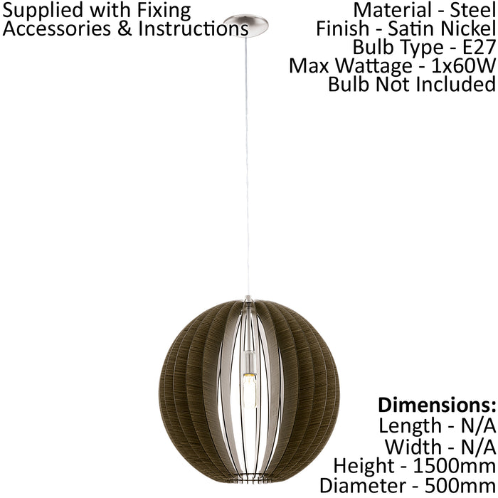 Pendant Ceiling Light Colour Satin Nickel Shade Mid Brown Wood Bulb E27 1x60W Loops
