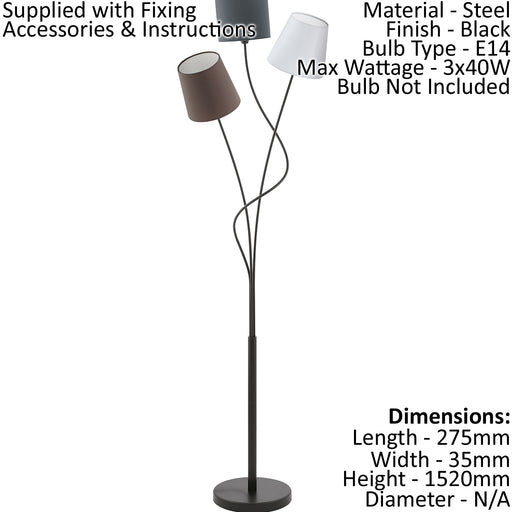 Floor Lamp Light Black Anthracite/White/Brown Shade Pedal Switch Bulb E14 3x40W Loops