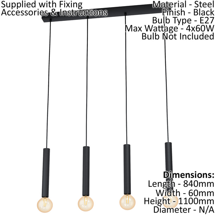Pendant Ceiling Light 4 Black Long Bulb Holders Kitchen Bulb E27 4x60W Loops