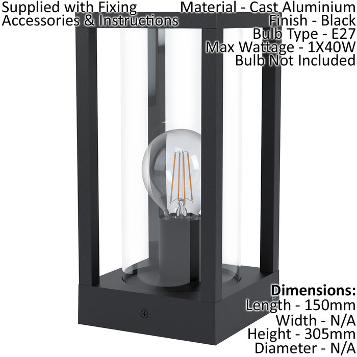 IP44 Outdoor Bollard Light Black Cast Aluminium Box 1 x 40W E27 Bulb Lamp Post Loops