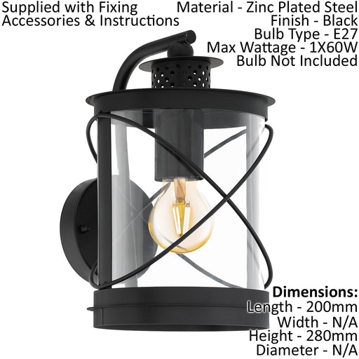 IP44 Outdoor Wall Light Black Hoop Lantern 1 x 60W E27 Bulb Porch Lamp Loops