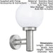 2 PACK IP44 Outdoor Wall Light Stainless Steel Orb Shade 60W E27 Porch Lamp Loops