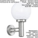 IP44 Outdoor Wall Light Stainless Steel Orb Shade 1x 60W E27 Bulb Porch Lamp Loops