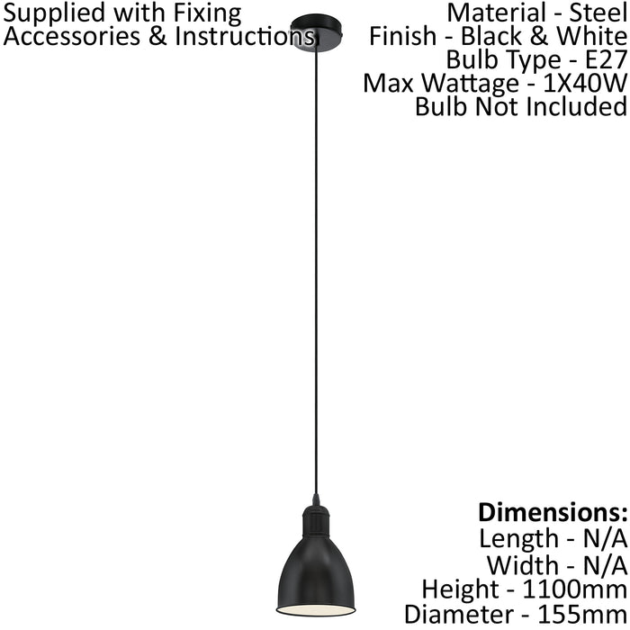 Ceiling Pendant Light & 2x Matching Wall Lights Black Industrial Lamp Shade Loops