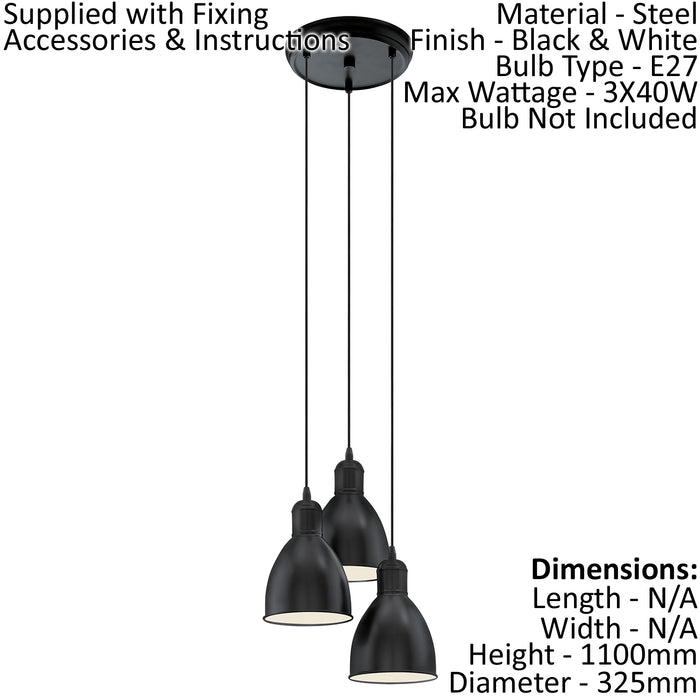 Ceiling Pendant Light & 2x Matching Wall Lights Black Multi Lamp Hanging Shade Loops