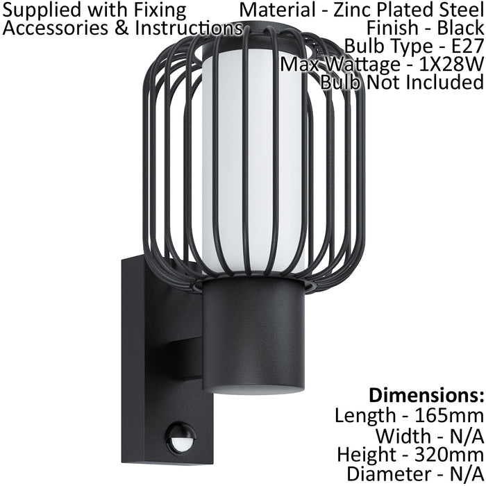 IP44 Outdoor Wall Light & PIR Sensor Black Zinc Steel 1 x 28W E27 Bulb Loops