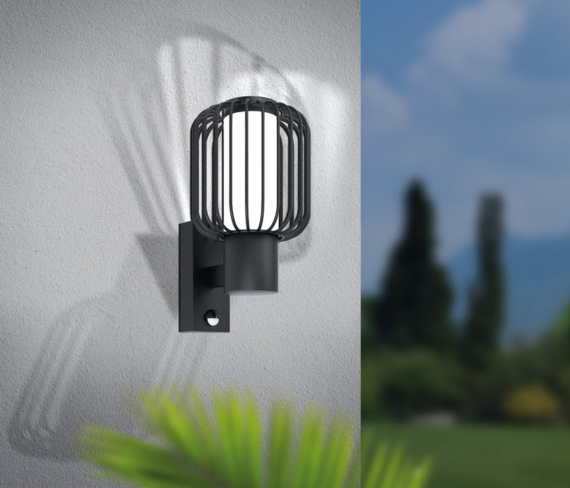 IP44 Outdoor Wall Light & PIR Sensor Black Zinc Steel 1 x 28W E27 Bulb Loops