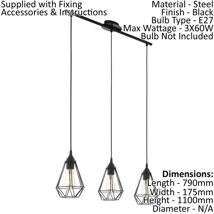 Hanging Ceiling Pendant Light Black Wire Cage 3x E27 Kitchen Island Feature Loops