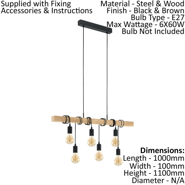 Hanging Ceiling Pendant Light Black & Wood 6x E27 Kitchen Island Multi Lamp Loops