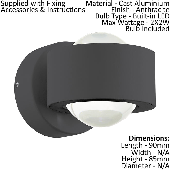 2 PACK IP44 Outdoor Wall Light Anthracite Cast Aluminium 2W LED Lamp Loops